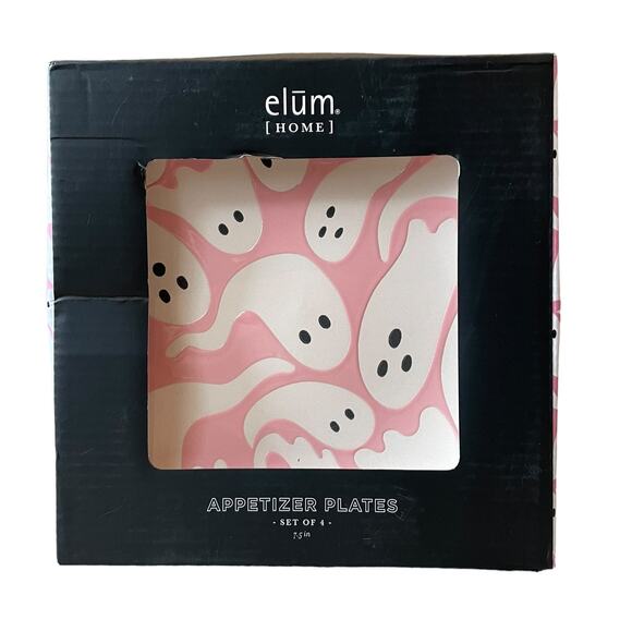 Halloween GHOST Appetizer Plates 7.5in Set of 4 Ceramic Pink & Purple NEW - Picture 1 of 10